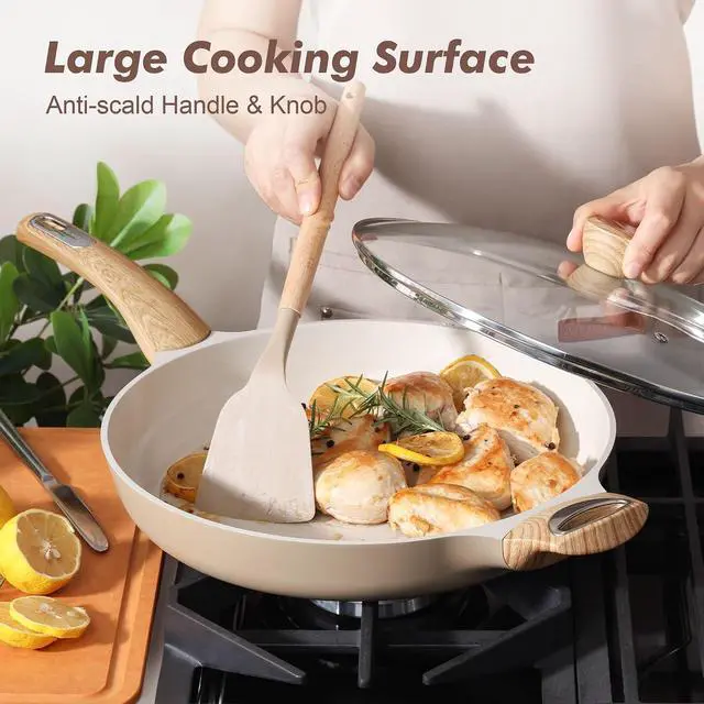 Alt view image 7 of 7 - Ceramic Nonstick Frying Pan Skillet with Lid 12.5Inch Large Non Stick Non-toxic Healthy Kitchen Cooking Chef's Pan, Free of Intentionally Added PFOA/PFAS/PTFE, Induction Compatible