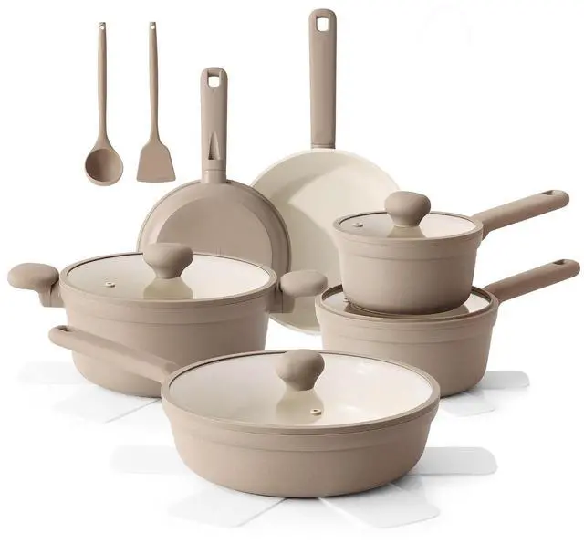 Main image of Ceramic Nonstick Pots and Pans Set 17pcs, Healthy Induction Cookware Set, Nontoxic Kitchen Cooking Set with Skillets & Saucepans, Stay-cool Handles, PFAS PTFE PFOA PFOS Free,Taupe