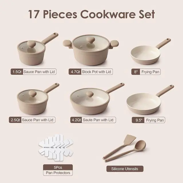 Alt view image 2 of 7 - Ceramic Nonstick Pots and Pans Set 17pcs, Healthy Induction Cookware Set, Nontoxic Kitchen Cooking Set with Skillets & Saucepans, Stay-cool Handles, PFAS PTFE PFOA PFOS Free,Taupe