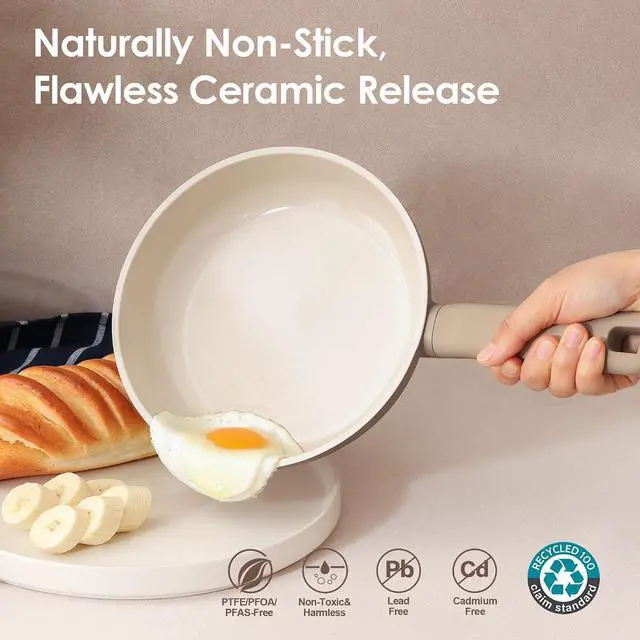 Alt view image 3 of 7 - Ceramic Nonstick Pots and Pans Set 17pcs, Healthy Induction Cookware Set, Nontoxic Kitchen Cooking Set with Skillets & Saucepans, Stay-cool Handles, PFAS PTFE PFOA PFOS Free,Taupe