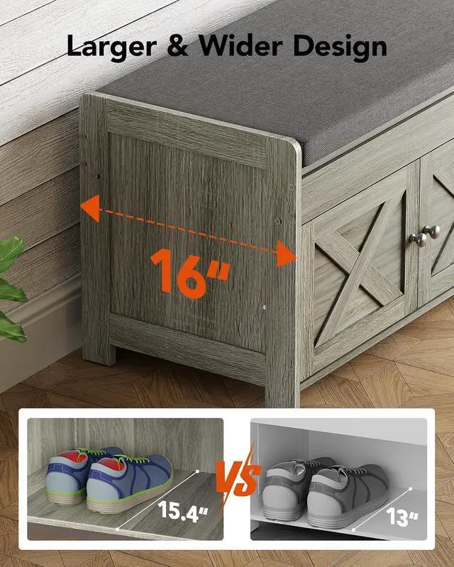Alt view image 7 of 7 - Pipishell Shoe Storage Bench, 2-Tier Shoe Bench with Cushioned Seat, Entryway Bench with Adjustable Shelf & Barn Doors, 300 lbs Capacity, 39.4" x 15" x 18", for Entryway, Bedroom, Living Room, Gray