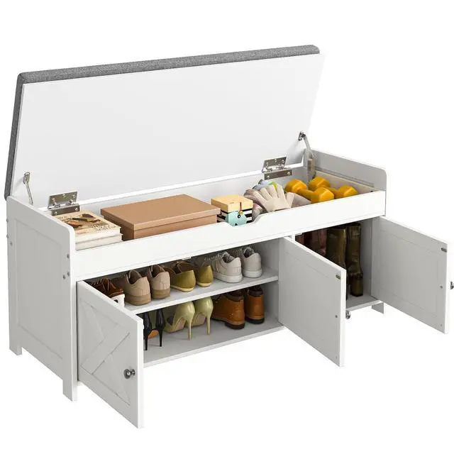 Alt view image 7 of 7 - Pipishell Shoe Storage Bench with Cushion Seat, 2-Tier Farmhouse Entryway Bench with Adjustable Shelf & Barn Doors, Shoe Rack for Living Room, Bedroom, 16" D x 39.4" W x 18" H, 300 lbs Capacity, White