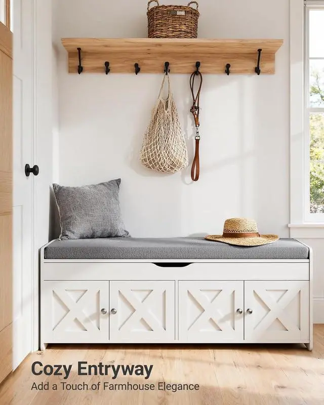 Alt view image 5 of 7 - Pipishell 2-Tier Shoe Storage Bench with Cushioned Seat, Entryway Bench with Adjustable Shelf & Barn Doors, 300 lbs Capacity, 47.2" W x 15" D x 18" H, for Entryway, Bedroom, Living Room, White