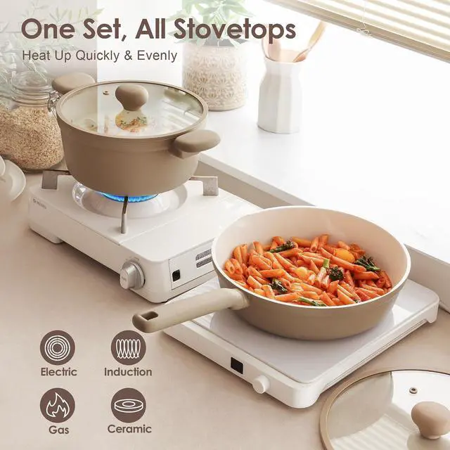 Alt view image 5 of 7 - Ceramic Nonstick Pots and Pans Set 17pcs, Healthy Induction Cookware Set, Nontoxic Kitchen Cooking Set with Skillets & Saucepans, Stay-cool Handles, PFAS PTFE PFOA PFOS Free,Taupe