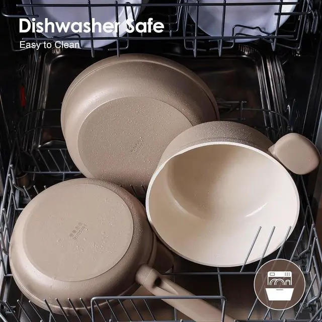 Alt view image 4 of 7 - Ceramic Nonstick Pots and Pans Set 17pcs, Healthy Induction Cookware Set, Nontoxic Kitchen Cooking Set with Skillets & Saucepans, Stay-cool Handles, PFAS PTFE PFOA PFOS Free,Taupe