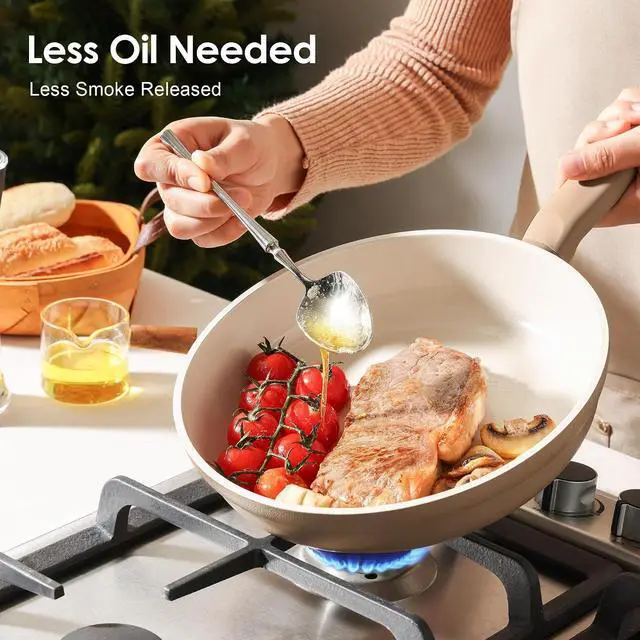 Alt view image 6 of 7 - Ceramic Nonstick Pots and Pans Set 17pcs, Healthy Induction Cookware Set, Nontoxic Kitchen Cooking Set with Skillets & Saucepans, Stay-cool Handles, PFAS PTFE PFOA PFOS Free,Taupe