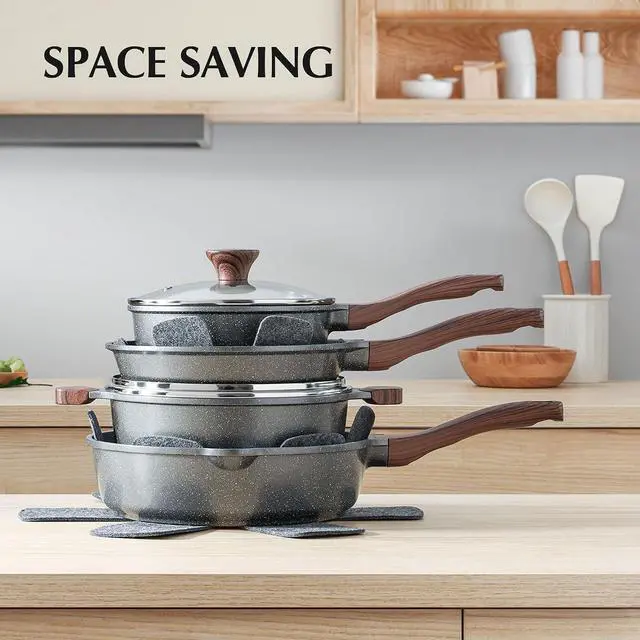 Alt view image 6 of 7 - Nonstick Cookware Set 13-Piece, Non Stick Pots and Pans Set with Swiss Granite Coating, Healthy Kitchen Cooking Set, Stay-Cool Handles, Induction Compatible, PFOA/PFOS Free
