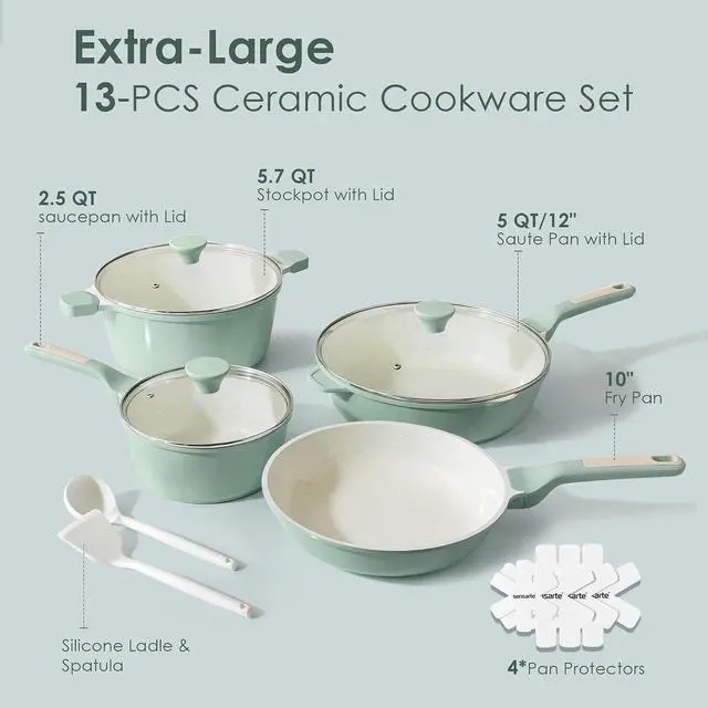 Alt view image 2 of 7 - Nonstick Ceramic Cookware Set Large 13-Piece, Healthy Pots and Pans Set Dishwasher Safe, Non-toxic Kitchen Cooking Set with Stay-Cool Handles, Induction Compatible, PFAS Free, Green