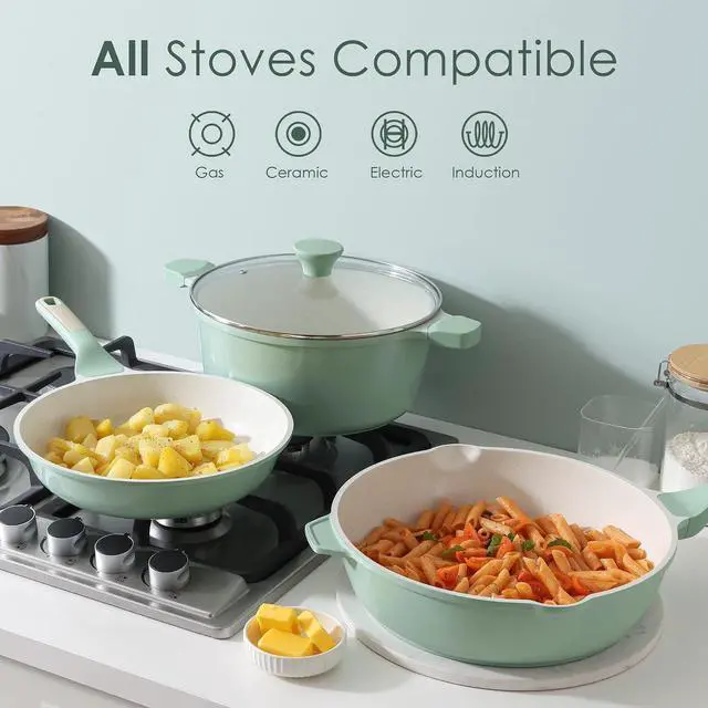Alt view image 4 of 7 - Nonstick Ceramic Cookware Set Large 13-Piece, Healthy Pots and Pans Set Dishwasher Safe, Non-toxic Kitchen Cooking Set with Stay-Cool Handles, Induction Compatible, PFAS Free, Green
