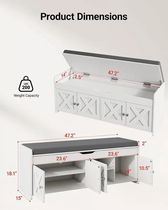 Alt view image 2 of 7 - Pipishell 2-Tier Shoe Storage Bench with Cushioned Seat, Entryway Bench with Adjustable Shelf & Barn Doors, 300 lbs Capacity, 47.2" W x 15" D x 18" H, for Entryway, Bedroom, Living Room, White