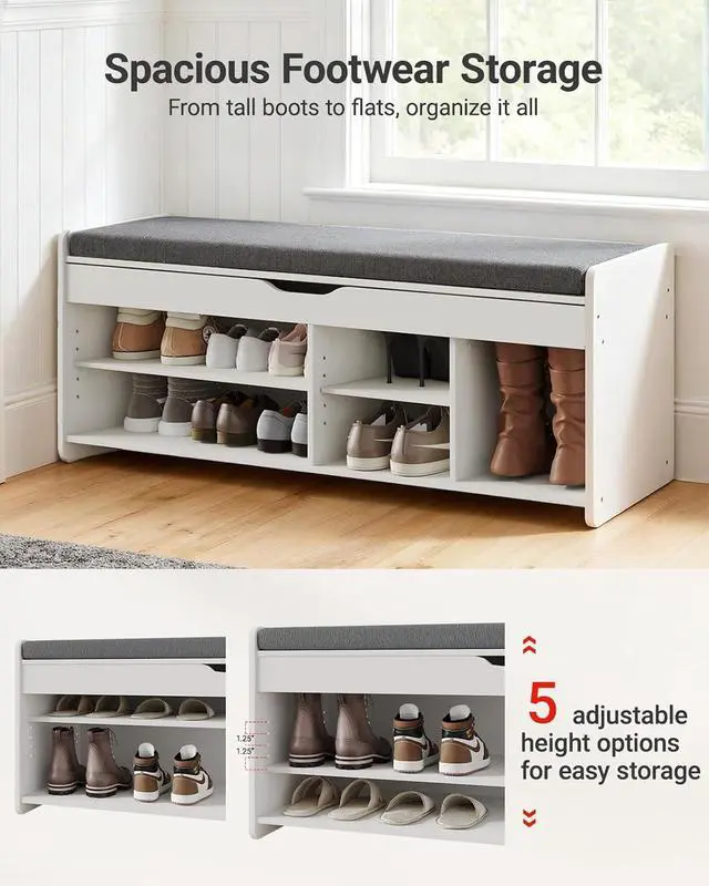 Alt view image 6 of 7 - Pipishell 2-Tier Shoe Storage Bench with Cushioned Seat, Entryway Bench with Adjustable Shelf & Barn Doors, 300 lbs Capacity, 47.2" W x 15" D x 18" H, for Entryway, Bedroom, Living Room, White