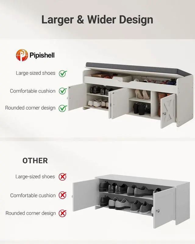 Alt view image 7 of 7 - Pipishell 2-Tier Shoe Storage Bench with Cushioned Seat, Entryway Bench with Adjustable Shelf & Barn Doors, 300 lbs Capacity, 47.2" W x 15" D x 18" H, for Entryway, Bedroom, Living Room, White