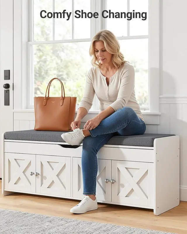 Alt view image 4 of 7 - Pipishell 2-Tier Shoe Storage Bench with Cushioned Seat, Entryway Bench with Adjustable Shelf & Barn Doors, 300 lbs Capacity, 47.2" W x 15" D x 18" H, for Entryway, Bedroom, Living Room, White