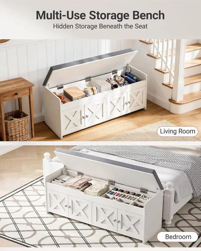 Alt view image 3 of 7 - Pipishell 2-Tier Shoe Storage Bench with Cushioned Seat, Entryway Bench with Adjustable Shelf & Barn Doors, 300 lbs Capacity, 47.2" W x 15" D x 18" H, for Entryway, Bedroom, Living Room, White