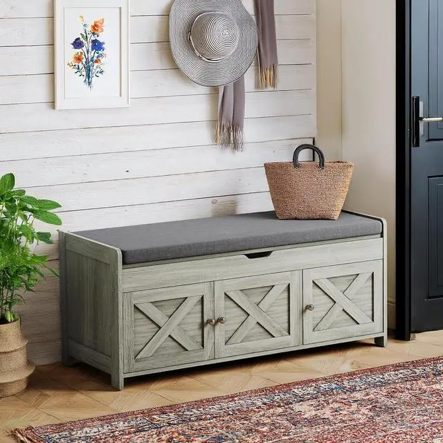 Main image of Pipishell 2-Tier Storage Bench Cushion Seat, Farmhouse Shoe Bench with Storage, Entryway Bench 3 Doors, Adjustable Shelf, 16"x39.4"x18", 300 lbs Capacity, Shoe Rack for Living Room, Bedroom, Gray
