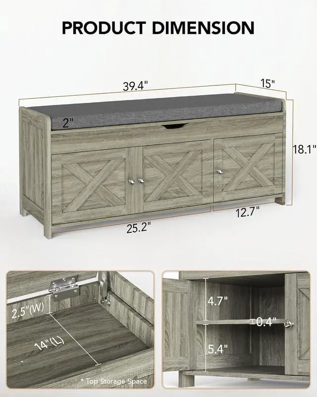 Alt view image 2 of 7 - Pipishell 2-Tier Storage Bench Cushion Seat, Farmhouse Shoe Bench with Storage, Entryway Bench 3 Doors, Adjustable Shelf, 16"x39.4"x18", 300 lbs Capacity, Shoe Rack for Living Room, Bedroom, Gray