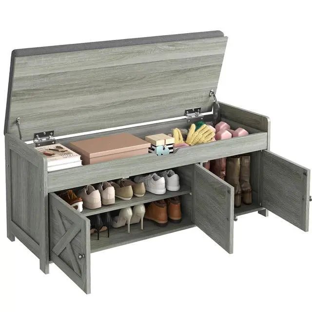 Alt view image 3 of 7 - Pipishell 2-Tier Storage Bench Cushion Seat, Farmhouse Shoe Bench with Storage, Entryway Bench 3 Doors, Adjustable Shelf, 16"x39.4"x18", 300 lbs Capacity, Shoe Rack for Living Room, Bedroom, Gray