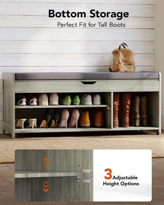 Alt view image 3 of 7 - Pipishell Shoe Storage Bench, 2-Tier Shoe Bench with Cushioned Seat, Entryway Bench with Adjustable Shelf & Barn Doors, 300 lbs Capacity, 39.4" x 15" x 18", for Entryway, Bedroom, Living Room, Gray