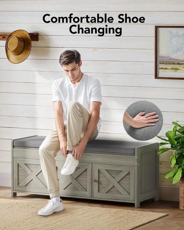 Alt view image 5 of 7 - Pipishell Shoe Storage Bench, 2-Tier Shoe Bench with Cushioned Seat, Entryway Bench with Adjustable Shelf & Barn Doors, 300 lbs Capacity, 39.4" x 15" x 18", for Entryway, Bedroom, Living Room, Gray