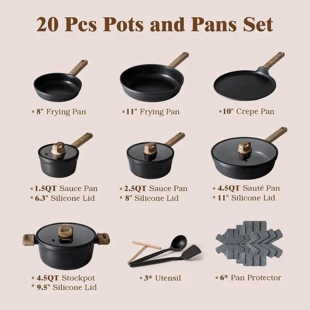 Alt view image 2 of 7 - 20Pcs Nonstick Pots and Pans Set, Black Non Stick Cookware Set, Healthy Kitchen Cooking Set, Induction Compatible, Dishwasher Safe, PFOA/PFOS Free