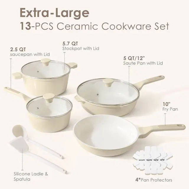 Alt view image 2 of 7 - Nonstick Ceramic Cookware Set Large-Size 13-Piece, Healthy Pots and Pans Set, Non-toxic Kitchen Cooking Set with Stay-Cool Handles, PFAS and PFOA Free, Cream White