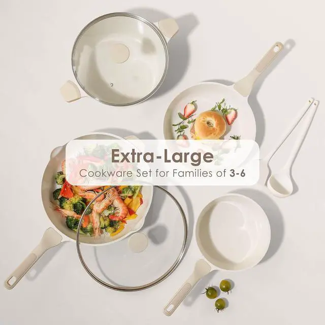 Alt view image 7 of 7 - Nonstick Ceramic Cookware Set Large-Size 13-Piece, Healthy Pots and Pans Set, Non-toxic Kitchen Cooking Set with Stay-Cool Handles, PFAS and PFOA Free, Cream White