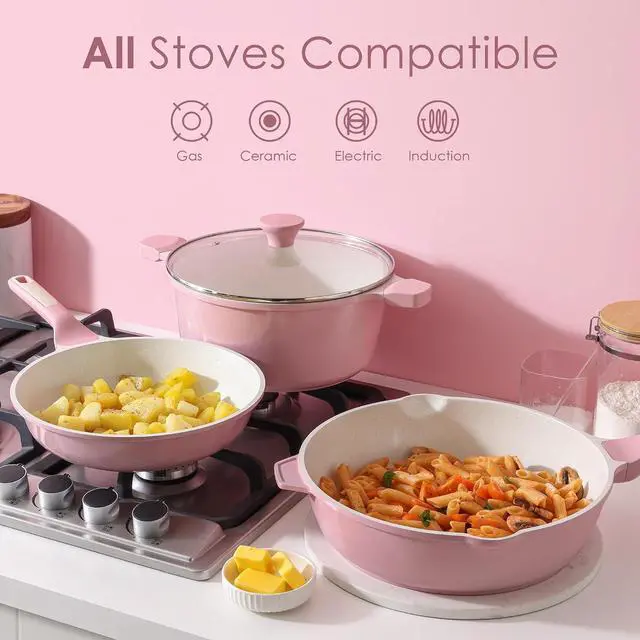 Alt view image 4 of 7 - Nonstick Ceramic Cookware Set Large 13-Piece, Healthy Pots and Pans Set Dishwasher Safe, Non-toxic Kitchen Cooking Set with Stay-Cool Handles, Induction Compatible, PFAS Free, Pink