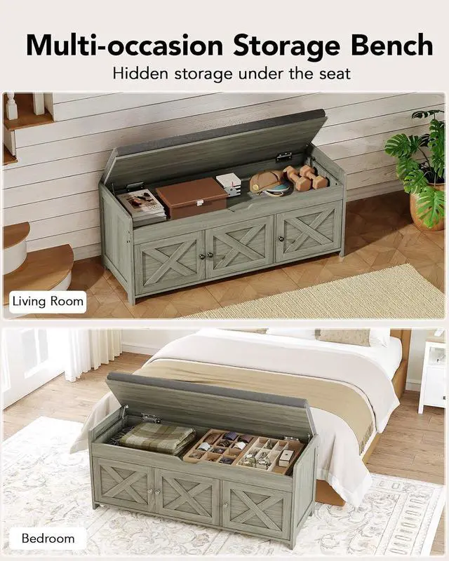 Alt view image 6 of 7 - Pipishell 2-Tier Storage Bench Cushion Seat, Farmhouse Shoe Bench with Storage, Entryway Bench 3 Doors, Adjustable Shelf, 16"x39.4"x18", 300 lbs Capacity, Shoe Rack for Living Room, Bedroom, Gray