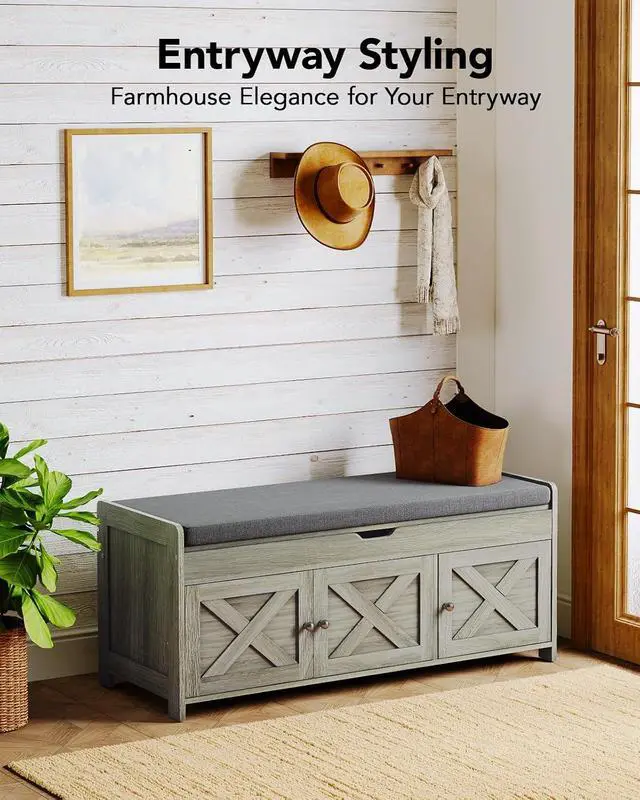 Alt view image 2 of 7 - Pipishell Shoe Storage Bench, 2-Tier Shoe Bench with Cushioned Seat, Entryway Bench with Adjustable Shelf & Barn Doors, 300 lbs Capacity, 39.4" x 15" x 18", for Entryway, Bedroom, Living Room, Gray