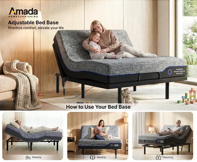 Alt view image 6 of 7 - Amada Homefurnishing Adjustable Bed Frame Queen, Independent Head and Foot Incline, Quiet Motor, 750 lbs Capacity, Adjustable Bed with Wired Remote Control, 4 Bed Height Options, Tool-Free Setup