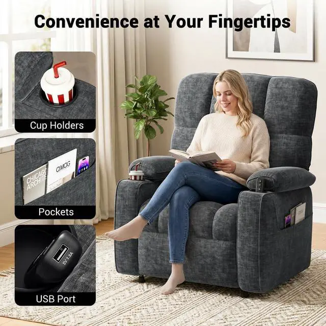 Alt view image 4 of 7 - Pipishell Power Recliner Chair for Adults, One-Touch Synchronized Reclining, Oeko-TEX Chenille Fabric Electric Recliner with Remote USB Ports, Cup Holder & Side Pockets, for Living Room & Bedroom