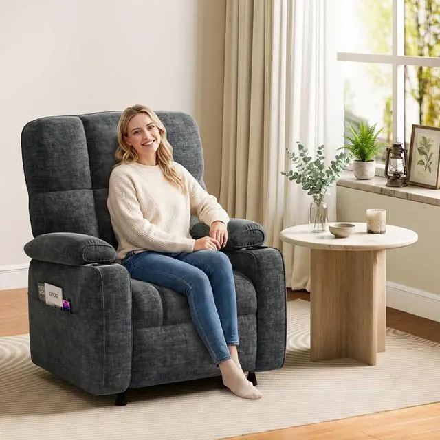 Alt view image 7 of 7 - Pipishell Power Recliner Chair for Adults, One-Touch Synchronized Reclining, Oeko-TEX Chenille Fabric Electric Recliner with Remote USB Ports, Cup Holder & Side Pockets, for Living Room & Bedroom