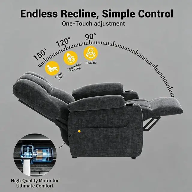 Alt view image 3 of 7 - Pipishell Power Recliner Chair for Adults, One-Touch Synchronized Reclining, Oeko-TEX Chenille Fabric Electric Recliner with Remote USB Ports, Cup Holder & Side Pockets, for Living Room & Bedroom