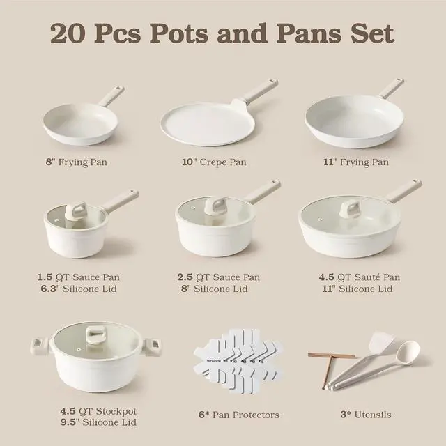 Alt view image 2 of 7 - Ceramic Pots and Pans Set Nonstick, 20Pcs Ceramic Cookware Set Non Stick, Non-toxic Healthy Kitchen Cooking Set, Induction Compatible, Dishwasher Safe, PFAS/PTFE/PFOA Free, White