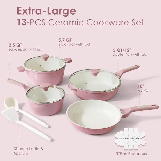Alt view image 6 of 7 - Nonstick Ceramic Cookware Set Large 13-Piece, Healthy Pots and Pans Set Dishwasher Safe, Non-toxic Kitchen Cooking Set with Stay-Cool Handles, Induction Compatible, PFAS Free, Pink