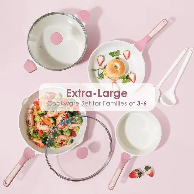 Alt view image 7 of 7 - Nonstick Ceramic Cookware Set Large 13-Piece, Healthy Pots and Pans Set Dishwasher Safe, Non-toxic Kitchen Cooking Set with Stay-Cool Handles, Induction Compatible, PFAS Free, Pink