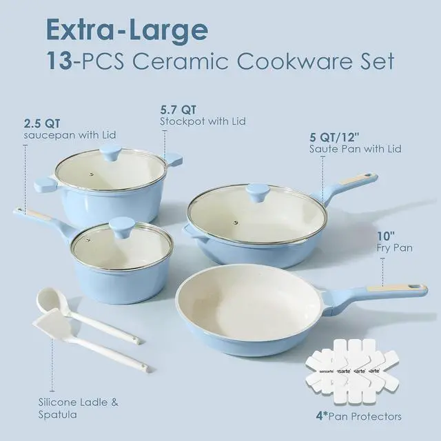 Alt view image 5 of 7 - Nonstick Ceramic Cookware Set Large 13-Piece, Healthy Pots and Pans Set Dishwasher Safe, Non-toxic Kitchen Cooking Set with Stay-Cool Handles, Induction Compatible, PFAS Free, Blue