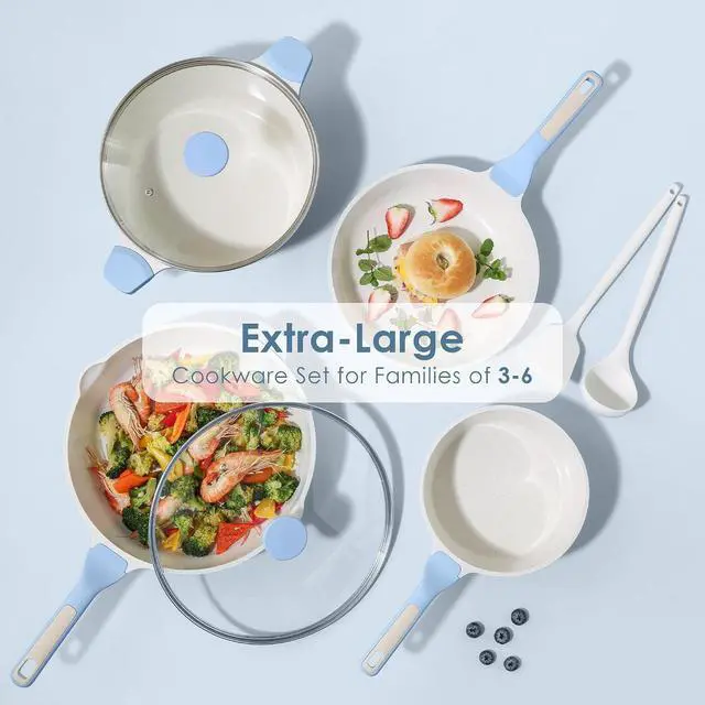 Alt view image 6 of 7 - Nonstick Ceramic Cookware Set Large 13-Piece, Healthy Pots and Pans Set Dishwasher Safe, Non-toxic Kitchen Cooking Set with Stay-Cool Handles, Induction Compatible, PFAS Free, Blue