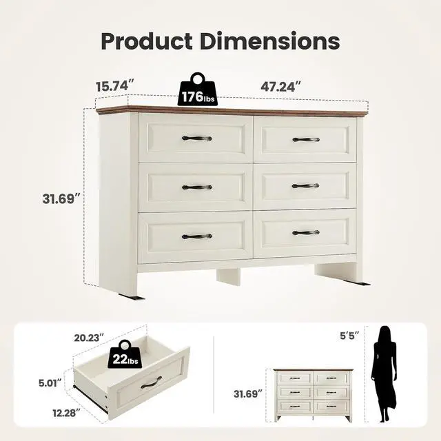 Alt view image 2 of 7 - Amada Farmhouse 6 Drawer Dresser for Bedroom, 47.2 Inch Wide Wood Dresser with Natural Texture, Large Drawers, Rustic Farmhouse Chest of Drawers for Bedroom, Living Room, Hallway, Brown & White