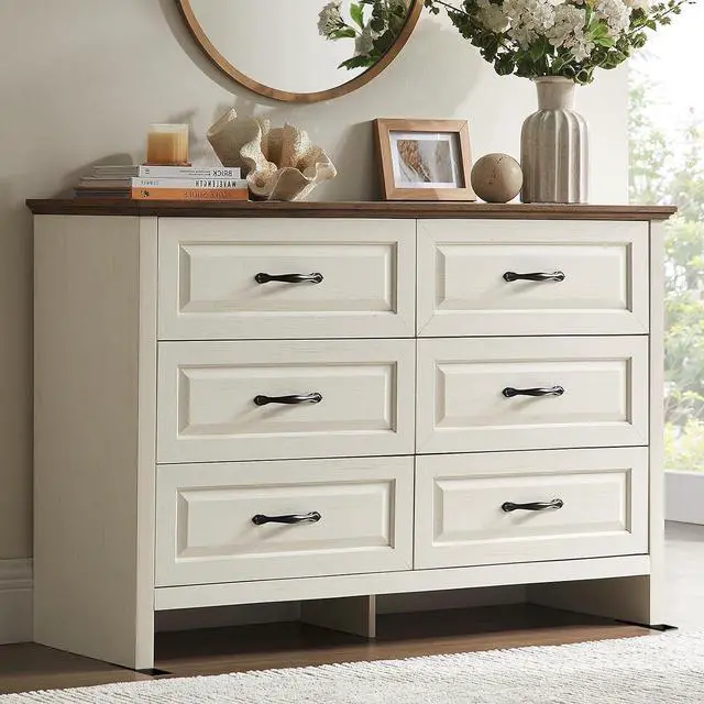 Main image of Amada Farmhouse 6 Drawer Dresser for Bedroom, 47.2 Inch Wide Wood Dresser with Natural Texture, Large Drawers, Rustic Farmhouse Chest of Drawers for Bedroom, Living Room, Hallway, Brown & White