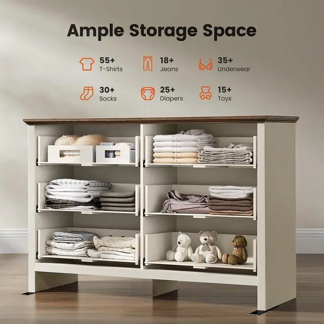 Alt view image 3 of 7 - Amada Farmhouse 6 Drawer Dresser for Bedroom, 47.2 Inch Wide Wood Dresser with Natural Texture, Large Drawers, Rustic Farmhouse Chest of Drawers for Bedroom, Living Room, Hallway, Brown & White