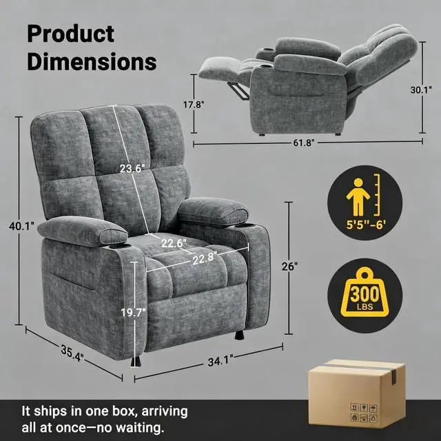 Alt view image 2 of 6 - Pipishell Power Recliner Chair for Adults, One-Touch Synchronized Reclining, Oeko-TEX Chenille Fabric Electric Recliner with USB Ports, Cup Holder & Side Pockets, for Living Room & Bedroom