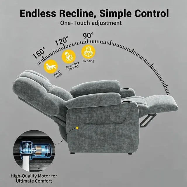 Alt view image 3 of 6 - Pipishell Power Recliner Chair for Adults, One-Touch Synchronized Reclining, Oeko-TEX Chenille Fabric Electric Recliner with USB Ports, Cup Holder & Side Pockets, for Living Room & Bedroom