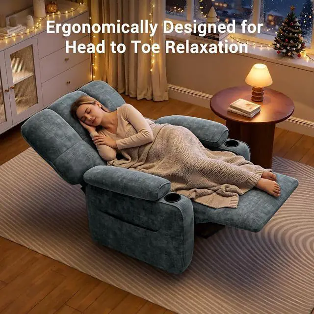 Alt view image 6 of 6 - Pipishell Power Recliner Chair for Adults, One-Touch Synchronized Reclining, Oeko-TEX Chenille Fabric Electric Recliner with USB Ports, Cup Holder & Side Pockets, for Living Room & Bedroom