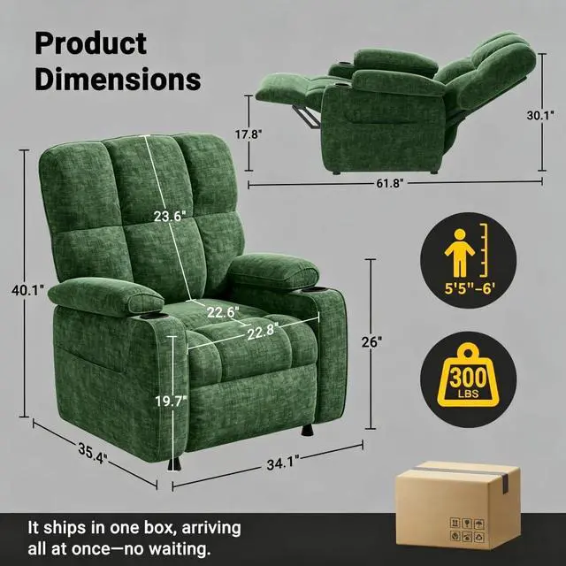 Alt view image 2 of 6 - Pipishell Power Recliner Chair for Adults, One-Touch Synchronized Reclining, Oeko-TEX Chenille Fabric Electric Recliner with USB Ports, Cup Holder & Side Pockets, for Living Room & Bedroom