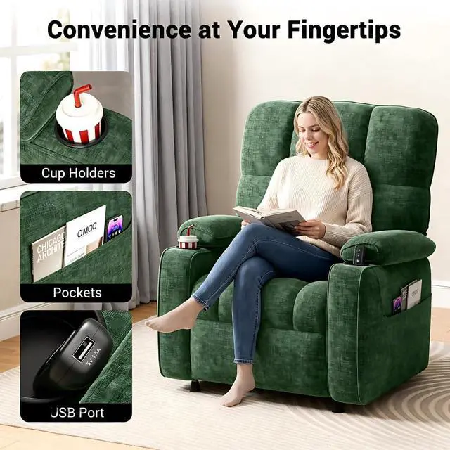 Alt view image 4 of 6 - Pipishell Power Recliner Chair for Adults, One-Touch Synchronized Reclining, Oeko-TEX Chenille Fabric Electric Recliner with USB Ports, Cup Holder & Side Pockets, for Living Room & Bedroom
