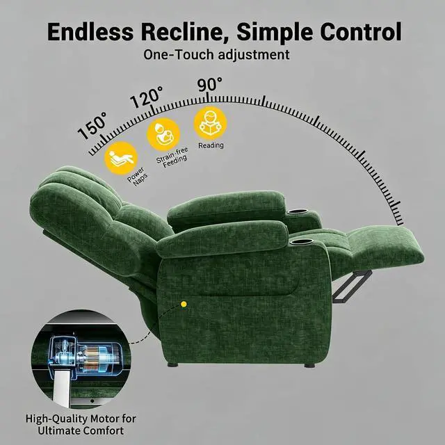 Alt view image 3 of 6 - Pipishell Power Recliner Chair for Adults, One-Touch Synchronized Reclining, Oeko-TEX Chenille Fabric Electric Recliner with USB Ports, Cup Holder & Side Pockets, for Living Room & Bedroom
