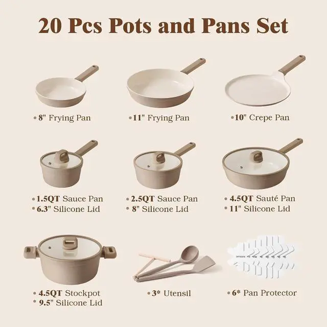 Alt view image 2 of 7 - Ceramic Pots and Pans Set Nonstick, 20Pcs Cookware Set Non Stick, Non-toxic Healthy Kitchen Cooking Set, Induction Compatible, Dishwasher Safe, PFAS/PTFE/PFOA Free, Taupe