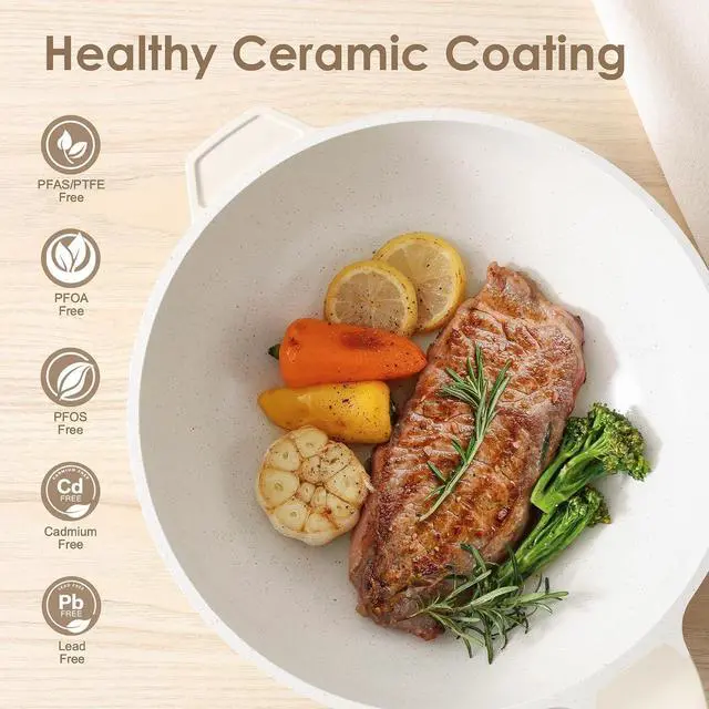 Alt view image 2 of 7 - Ceramic Nonstick Wok with Lid, 11 Inch Non Toxic Stir-fry Pan Induction Cookware, Deep Frying Pan Skillet with Stay-Cool Handles, PFAS/PTFE/PFOA Free