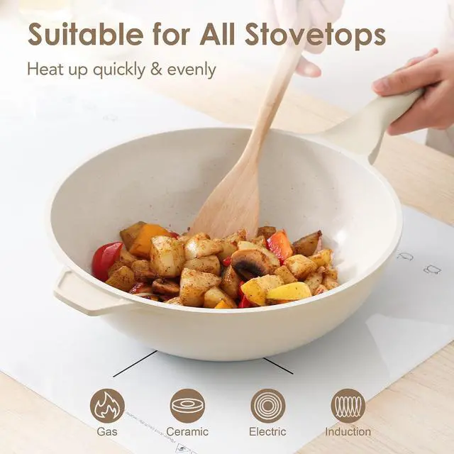 Alt view image 4 of 7 - Ceramic Nonstick Wok with Lid, 11 Inch Non Toxic Stir-fry Pan Induction Cookware, Deep Frying Pan Skillet with Stay-Cool Handles, PFAS/PTFE/PFOA Free